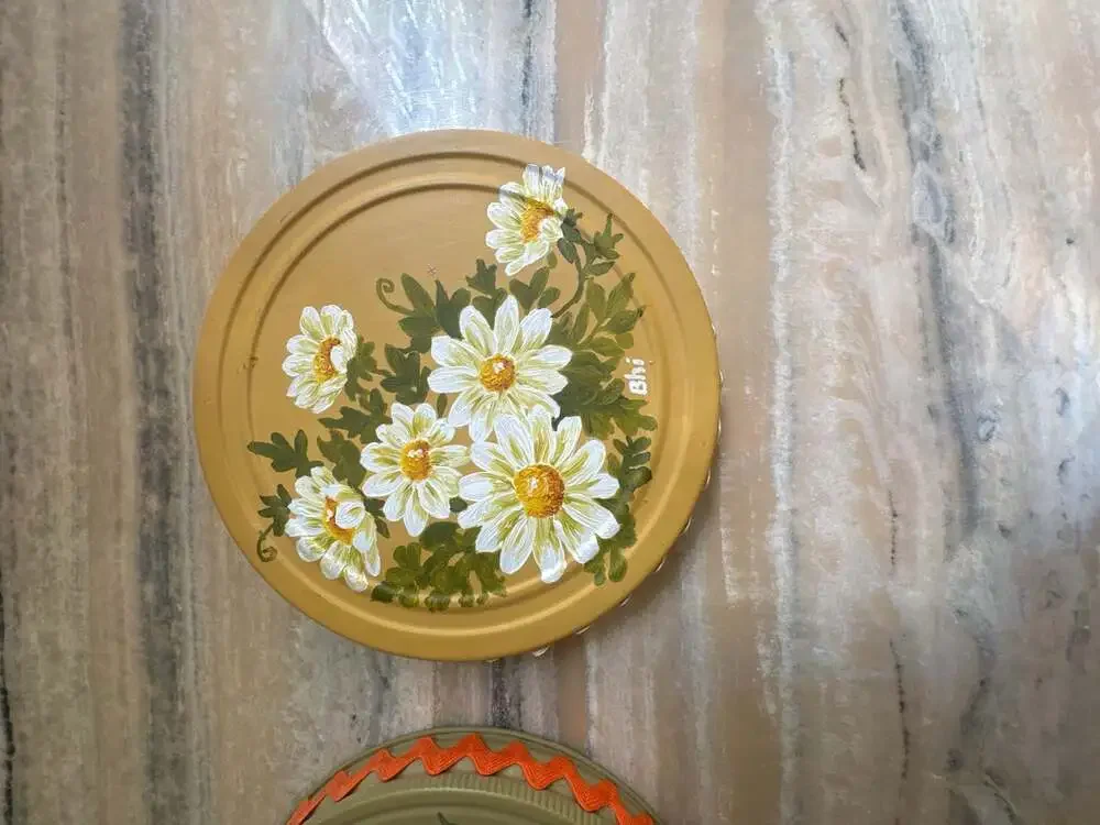 Vintage Hand-Painted Metal Lids with Floral and Strawberry with Rickrack Trim